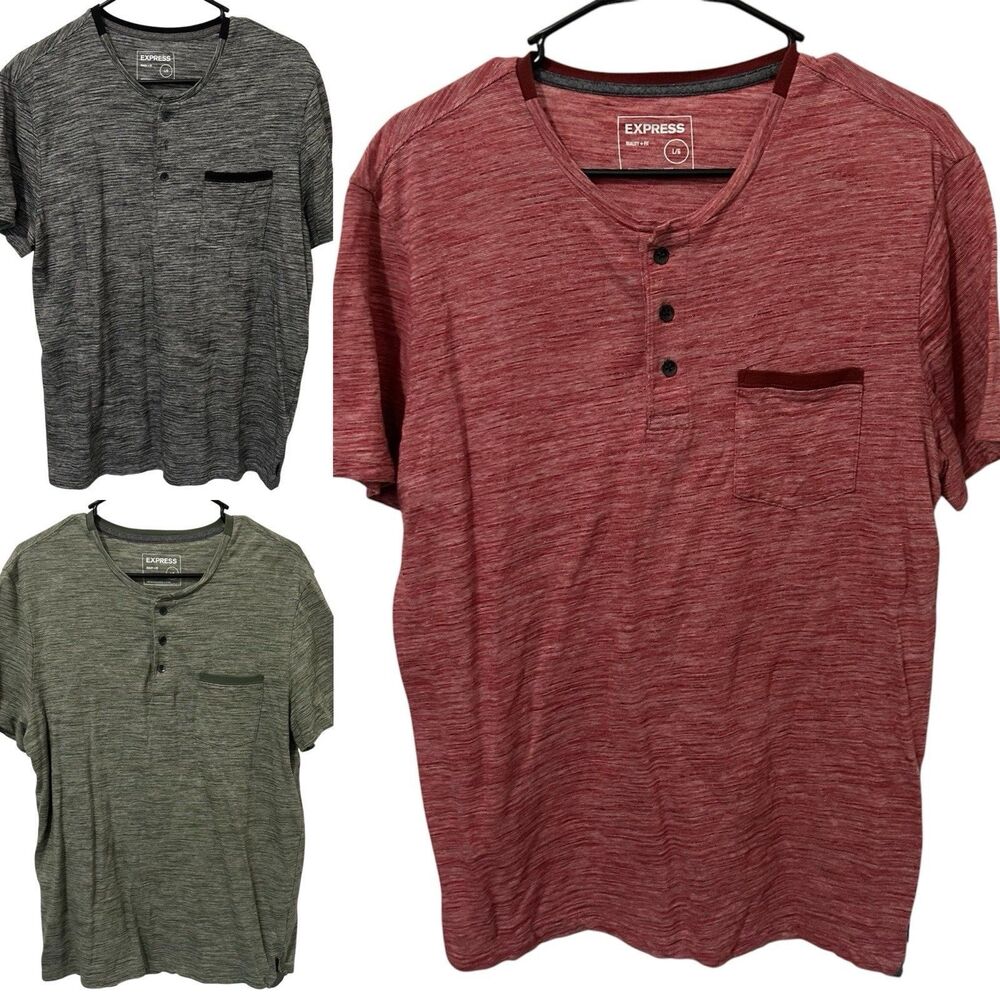Express Mens L Short Sleeve Lot Of 3 Henley Shirt Quality-Fit Cotton Fall Layer